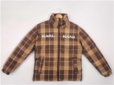 Plaid Puffer jakki fyrir vetrar sérsniðna langa erma rennilásvasar fyrir karla